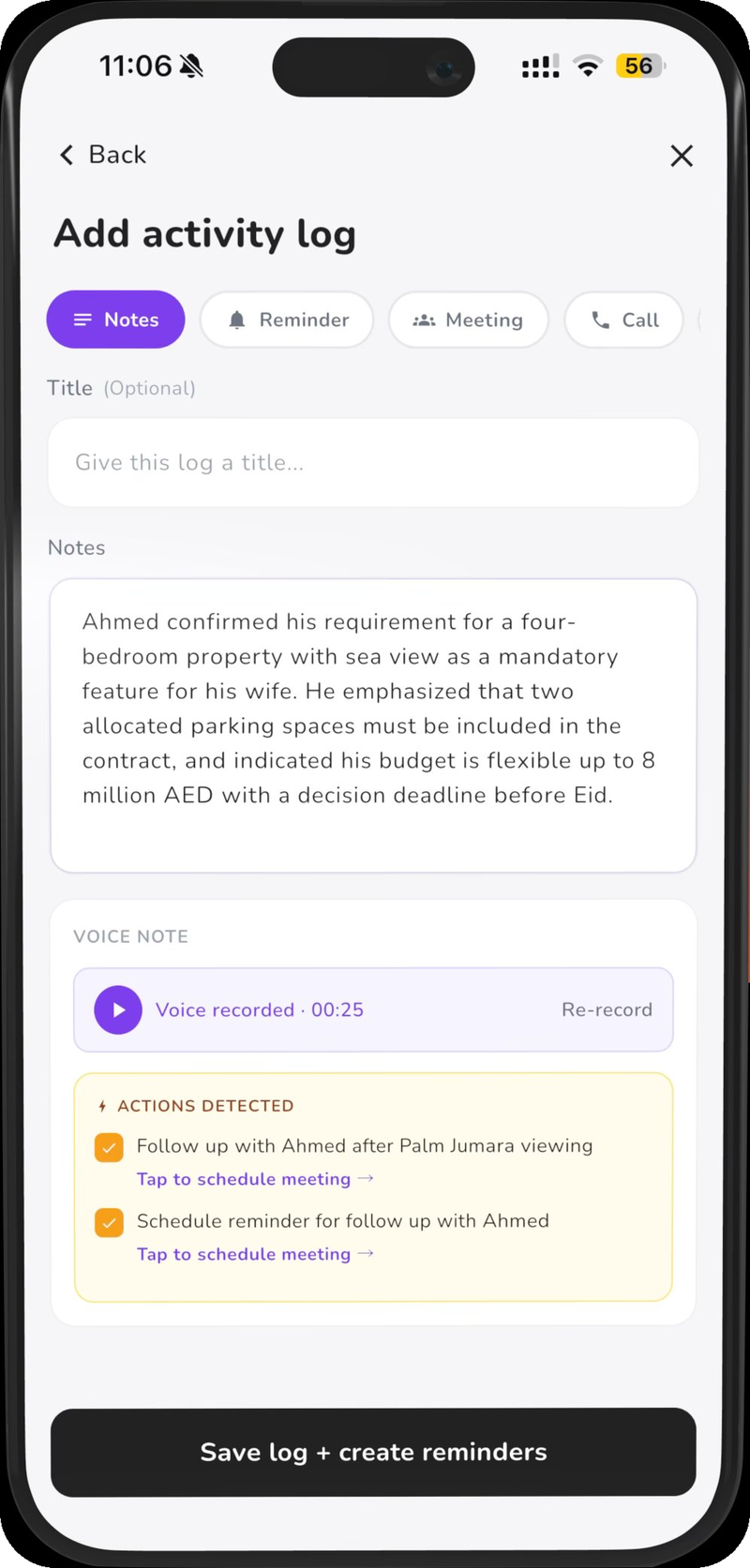 Activity log with actions