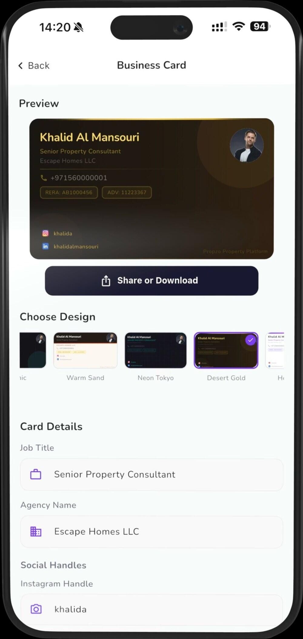 Digital business card with premium themes